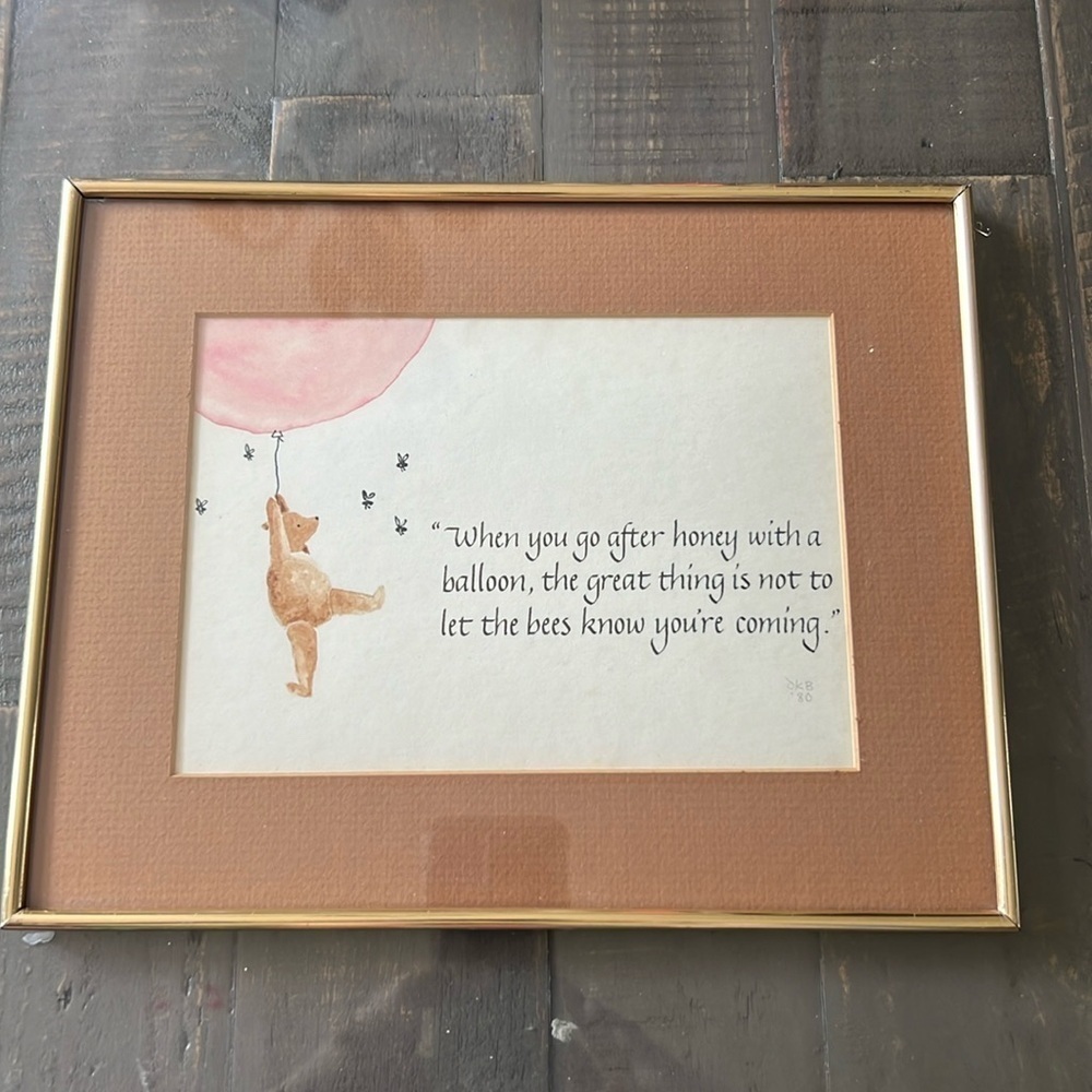 Vintage Winnie the Pooh Framed Art Print‎ Honey Balloon Quote Gold Tone Frame